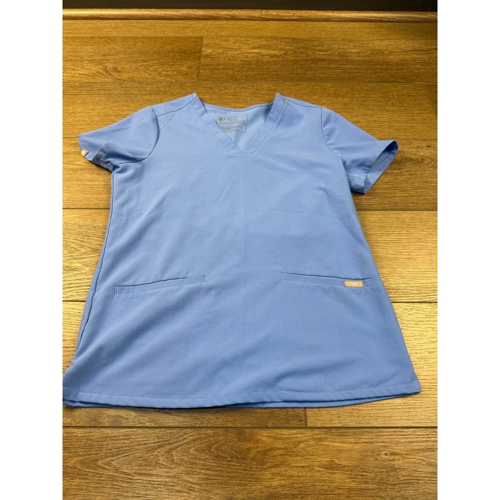 Figs Casma 3 Pocket Scrub Top Blue V-Neck Short Sleeve Uniform Healthcare XS